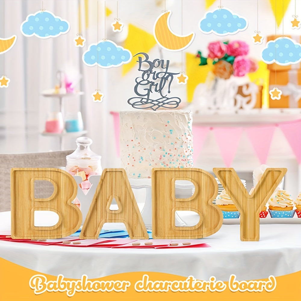 4pcs Baby Shower Wooden Charcuterie Letter Boxes Set BABY Shaped Bamboo Serving Tray Board Decorative Platter for Snacks Cake Cookies – Gender Reveal Birthday Party