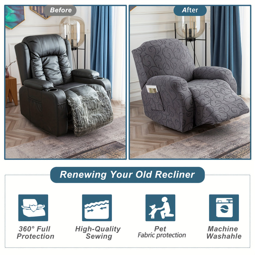 Stretch Recliner Sofa Slipcover Set of 4, Washable Couch Protector for Single Reclining Sofa with Elastic Base, Furniture Cover for Living Room