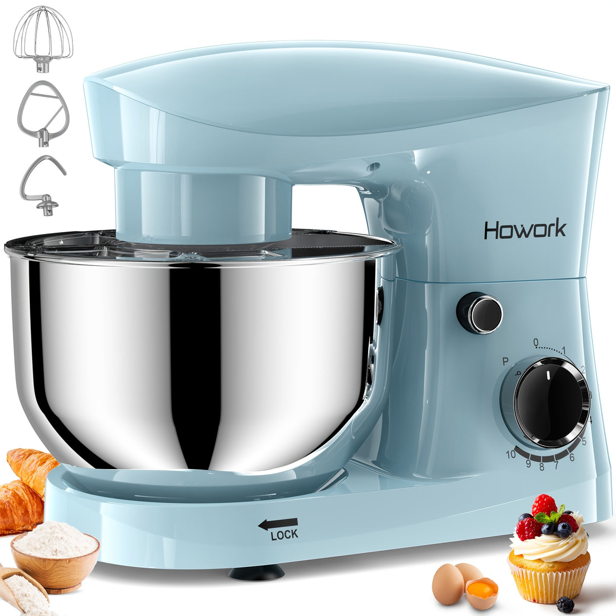 Stand Mixer 5QT 10-Speed Electric Kitchen Mixer with Dough Hook, Flat Beater, Wire Whip & Pouring Shield | Dishwasher-Safe Attachments for Baking & Cooking | Red, Silver or Blue
