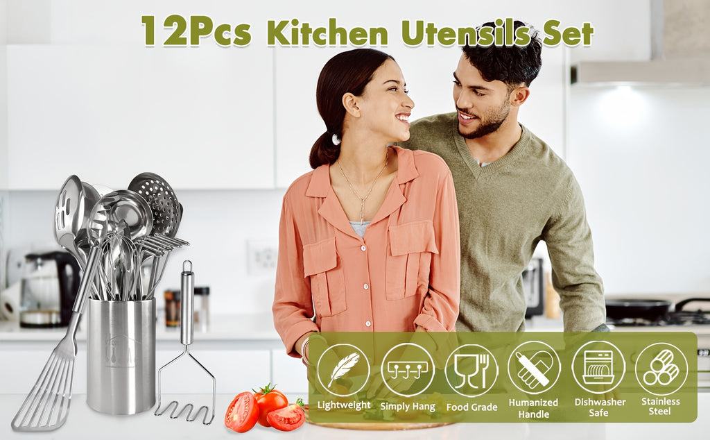 Stainless Steel Kitchen Utensils Set 12-Piece with Holder - Heat Resistant Cooking Utensils Set with Spatula, Ladle, Tongs, Whisk, Skimmer & More, Dishwasher Safe Metal Kitchen Tool Set