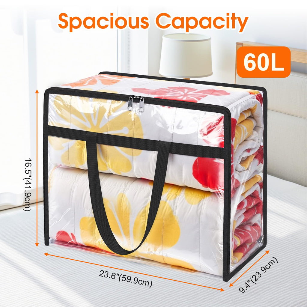 Clear Clothes Storage Bags 6-Pack 15.85 Gallon PVC Foldable Closet Organizer Under Bed Storage Containers with Zippers for Comforter Blanket Bedding Duvet – Transparent Moving Packing Bags