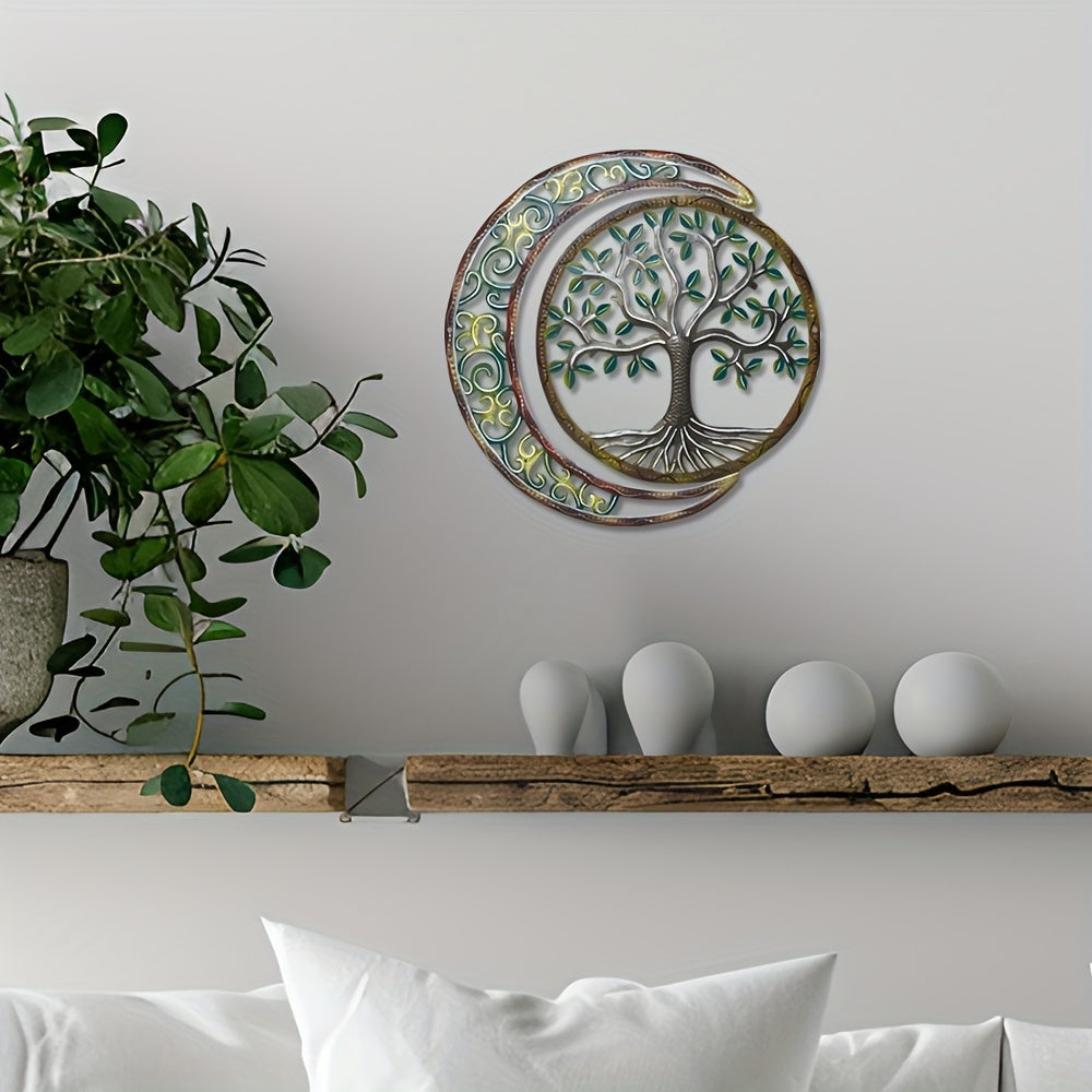 Moon & Green Tree Iron Wall Sculpture 15.75×15.75 Inch – Art Deco Metal Wall Hanging Decor for Home, Patio, Yoga Studio & Teahouse, Holiday Gift for Wedding, Christmas, Thanksgiving & Halloween