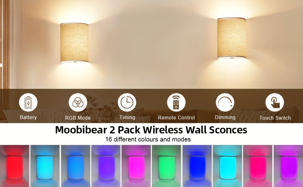 Wireless Wall Sconce with Linen Shade 2-Pack Battery Powered 3500mAh - 16 RGB Colors 3 White Light Modes Dimmable Timer Remote Control - Indoor Wall Light for Bedroom Living Room Hallway
