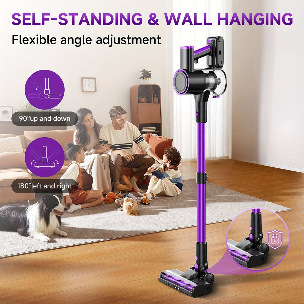 Cordless Stick Vacuum Cleaner 51-68KPa – 3-Speed Adjustable, 45-Min Runtime, Detachable Handheld, LED Floor Brush for Pet Hair, Carpet & Hard Floor
