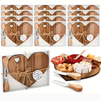 Heart-Shaped Mini Charcuterie Board & Cheese Knives Gift Set – Wood Bridal Shower Favor, Wedding Gift & Party Thank-You Box | Acacia & Bamboo | 6 or 12 Sets