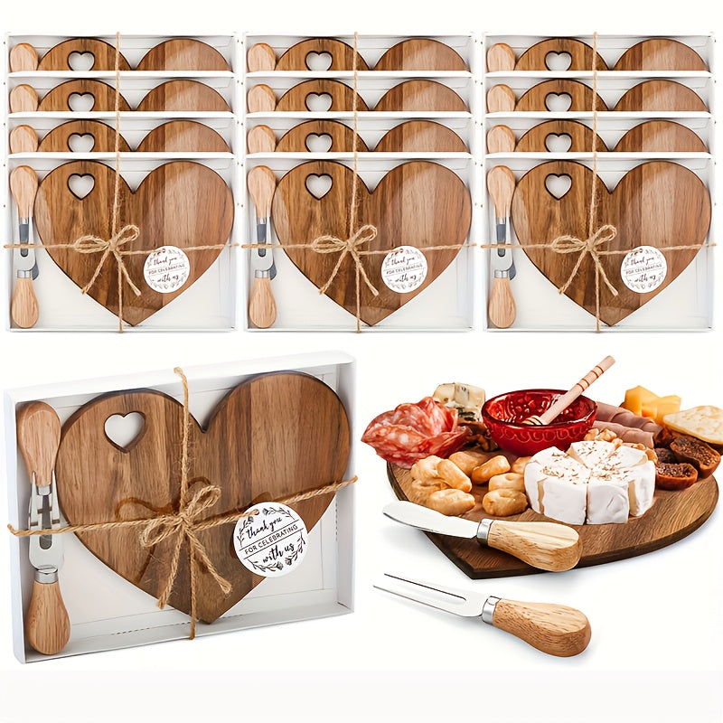 Heart-Shaped Mini Charcuterie Board & Cheese Knives Gift Set – Wood Bridal Shower Favor, Wedding Gift & Party Thank-You Box | Acacia & Bamboo | 6 or 12 Sets