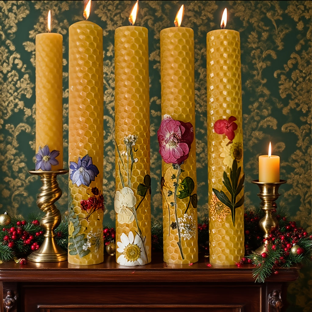 Floral Cone Shaped Decorative Candles 4 Pack 10 Inch Cylindrical Beeswax Taper Candles for Holiday Parties Valentine's Day Mother's Day Wedding Table Centerpiece Home Decor Gift