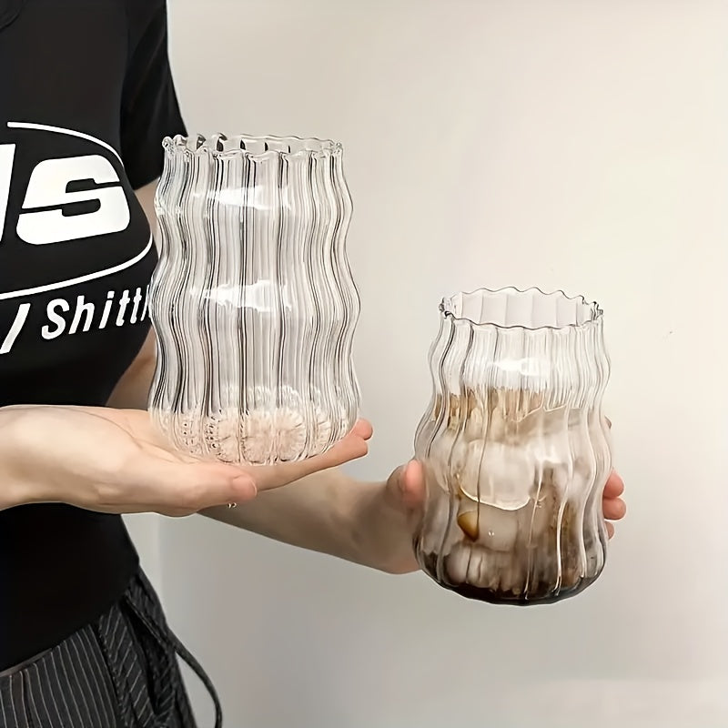 Glass Coffee Mugs with Straw Set of 6 - Retro Stripe Design Clear Glass Cups for Iced Coffee, Tea & Cold Drinks, Minimalist Office & Home Drinkware, Includes Straw Cleaning Brush