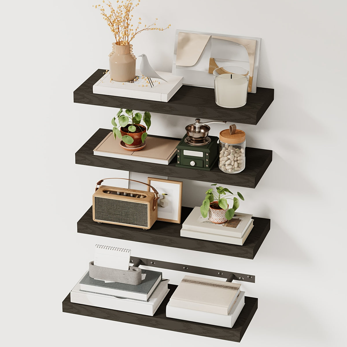 Rustic Wooden Wall Mounted Storage Shelves Set of 4 Floating Wall Shelf for Bedroom Living Room Bathroom Closet Decor Black Brown White Gray
