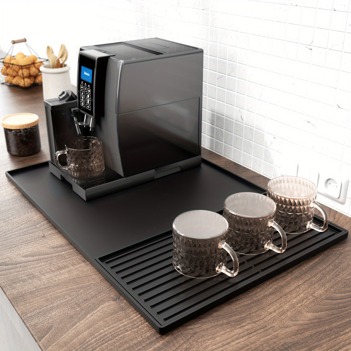 Silicone Coffee Mat with Raised Edges 2-in-1 Coffee Bar Mat and Dish Drying Mat - Countertop Protector for Coffee Machine, Espresso Maker & Kitchen Counter, 23.6 x 15.7 Inch
