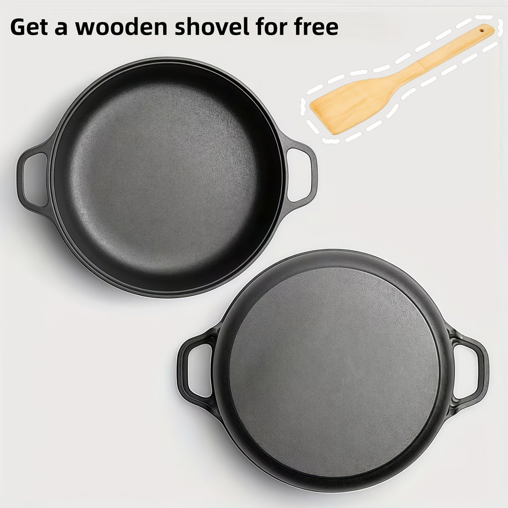 Deep Cast Iron Skillet 8.66 Inch with 2 Handles and Wooden Shovel Flat Bottom Frying Pan Oven Stovetop Grill Campfire Safe for Steak Bread Pizza Camping