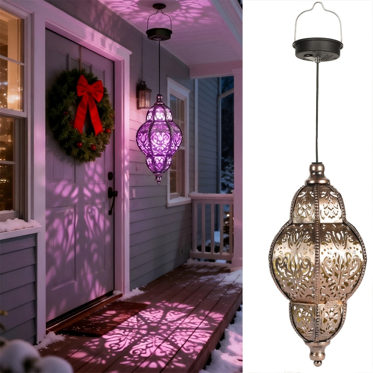 Outdoor Solar Hanging Lantern 27" – Metal Pendant Light Fixture with Removable Solar Panel & Auto Dusk-to-Dawn Sensor for Garden, Patio, Porch, Lawn & Deck, Oil-Rubbed Finish, Gold, Purple or Blue