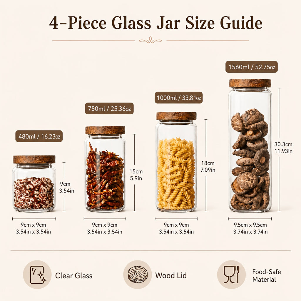 Glass Food Storage Jars with Wooden Lids 4-Piece Set – Airtight Transparent Kitchen Canister Set for Coffee Beans, Spices, Snacks & Dry Goods | 16/25/34/53 oz