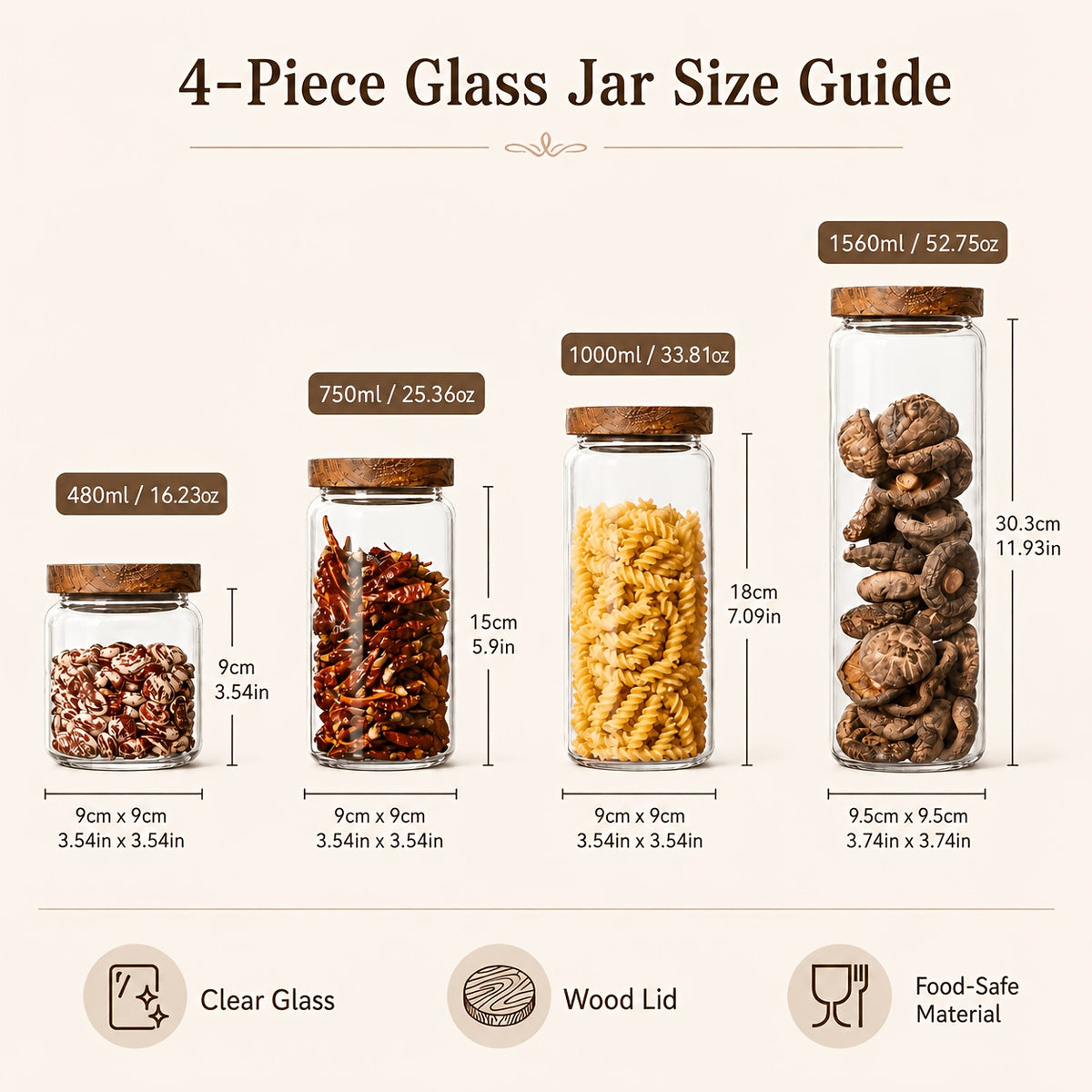 Glass Food Storage Jars with Wooden Lids 4-Piece Set – Airtight Transparent Kitchen Canister Set for Coffee Beans, Spices, Snacks & Dry Goods | 16/25/34/53 oz