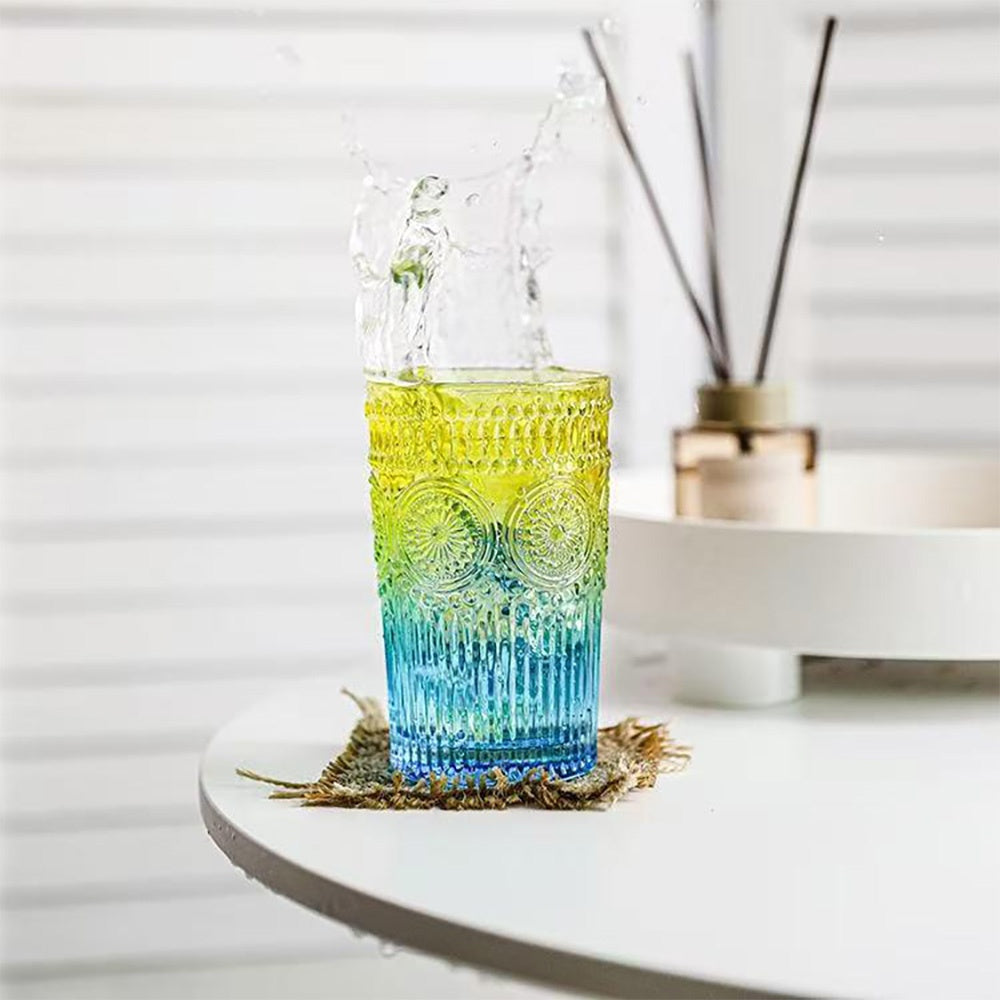 Vintage Glassware Drinking Glasses Set of 6 – 13oz Colored Embossed Flower Textured Tumblers | Elegant Drinkware for Water, Cocktails, Juice & Iced Coffee | 6 Colors