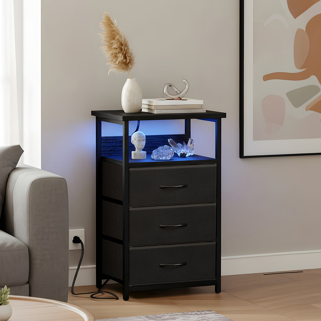 USB Charging Nightstand with 3 Drawers and Storage Shelf Side End Table Heavy Duty Night Stand for Bedroom Dorm Small Spaces USB Port and Power Outlet