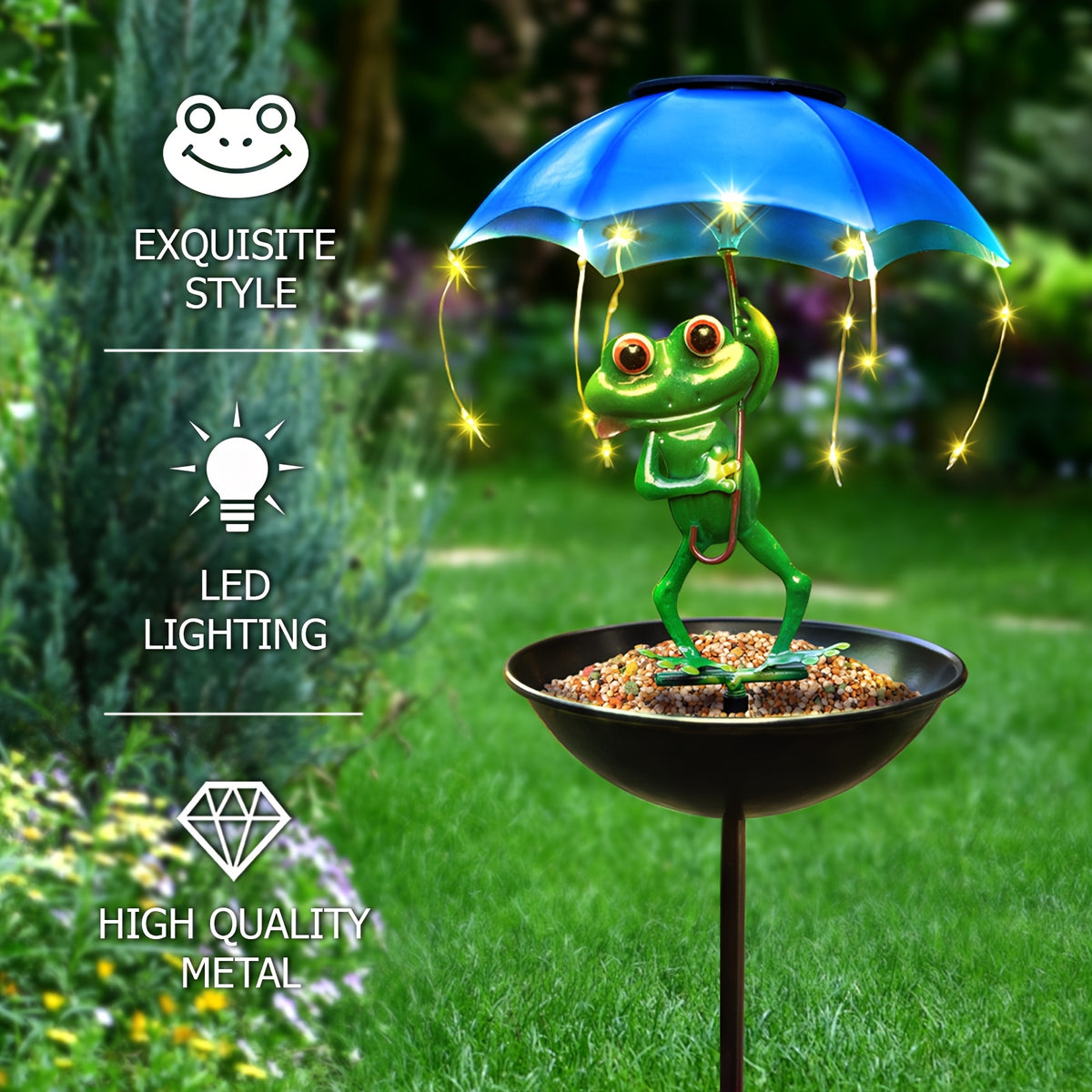 Solar Iron Frog with Umbrella Garden Statue – LED Solar Outdoor Light, Auto Dusk-to-Dawn, Bird Feeder Design for Patio, Lawn, Pathway & Deck Decor, Valentine’s Day Gift
