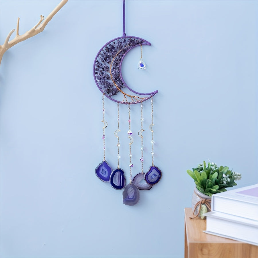 Amethyst Crystal Tree of Life Wall Hanging – Boho Crushed Stone Silk Moon Decor for Living Room, Bedroom & Nursery