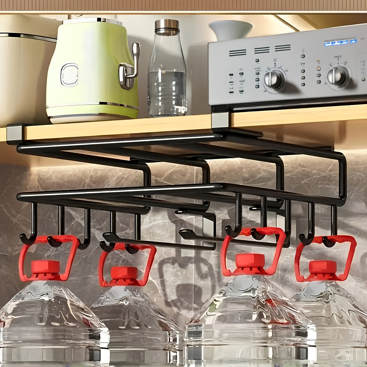 Under Cabinet Organizer Rack with Double Row Hooks Heavy Duty Carbon Steel Kitchen Shelf for Utensils Towels Cups Cutting Boards – No-Drill Easy Install