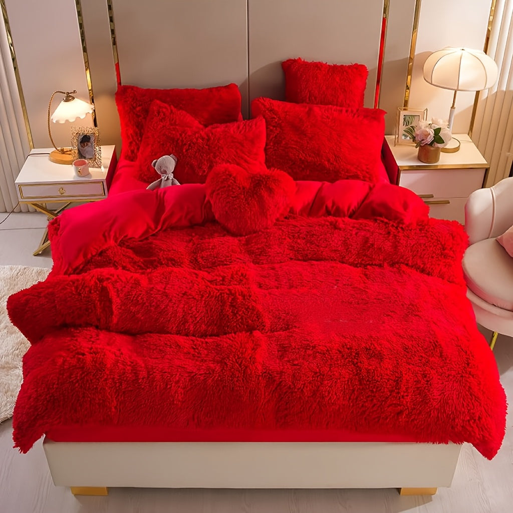 Velvet Duvet Cover Set Queen King Twin - Faux Down Flannel Bedding with Pillowcases & Bonus Heart Pillow, Zipper Closure Plush Thermal All-Season, 8 Colors 3/4-Piece