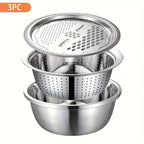 Stainless Steel Kitchen Prep Set with Grinder, Colander & Mixing Bowl – 3-Piece Food Prep Tool for Slicing Fruits Vegetables Cheese, Drainage Bowl Father's Day Gift