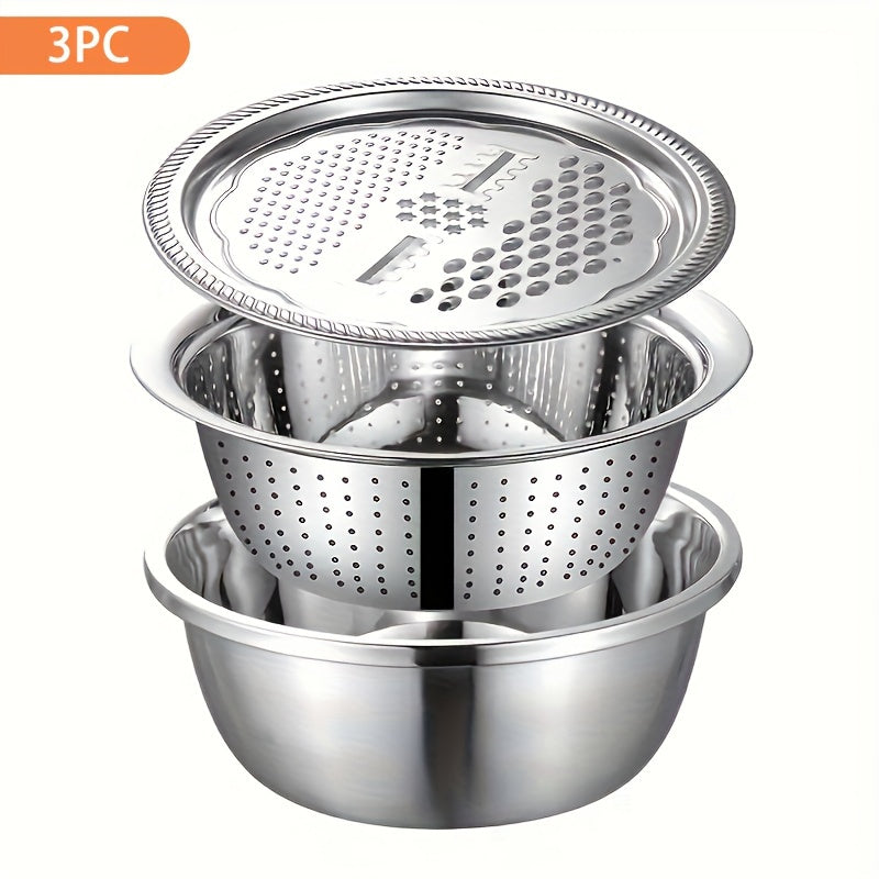 Stainless Steel Kitchen Prep Set with Grinder, Colander & Mixing Bowl – 3-Piece Food Prep Tool for Slicing Fruits Vegetables Cheese, Drainage Bowl Father's Day Gift
