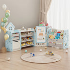 Kids Toy Storage Organizer Foldable with 10 Removable Bins, 3-Tier Bookshelf & Drawing Board – 3-in-1 / 4-in-1 Large Playroom Storage Unit for Bedroom Living Room, L-Shape or Straight, Beige Pink Blue