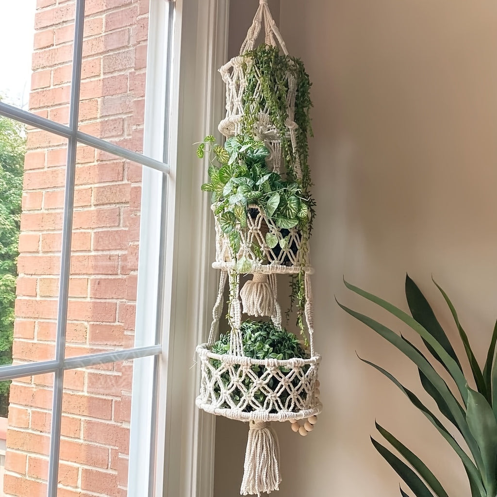 Macrame Hanging Fruit Basket 1/2/3-Tier Boho Wall Storage – Bohemian Hanging Basket for Fruits, Vegetables & Indoor Plants, Kitchen & Home Decor
