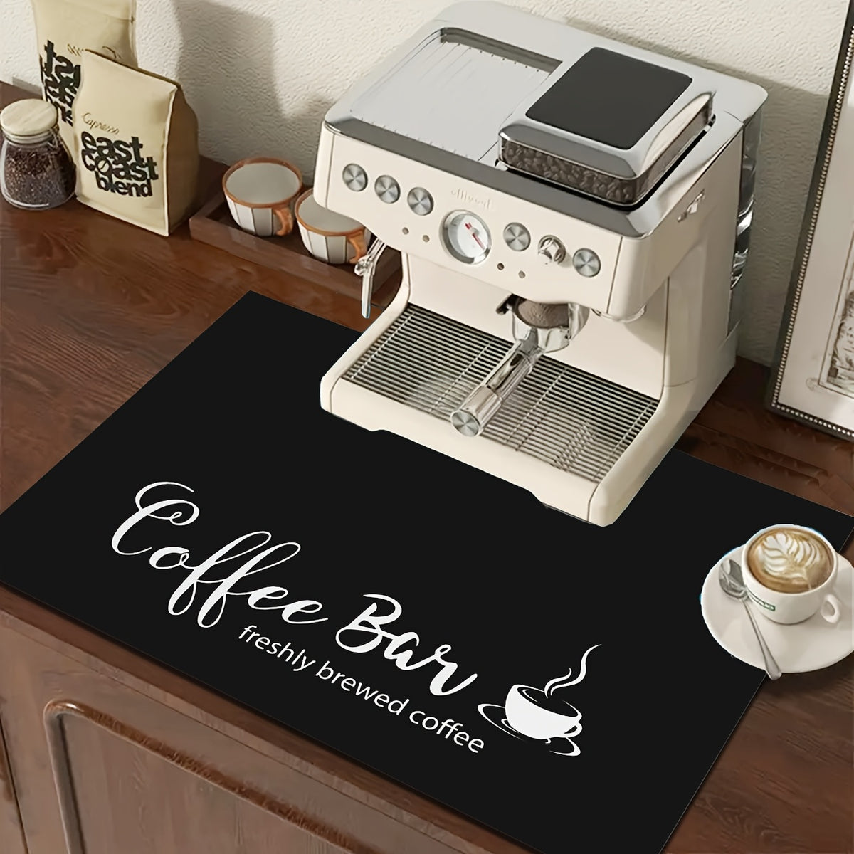 Coffee Bar Mat and Dish Drying Mat - Non-Slip Diatomite Absorbent Kitchen Counter Mat with Coffee Theme Design - Multi-Size Coffee Machine Mat and Kitchen Countertop Accessory