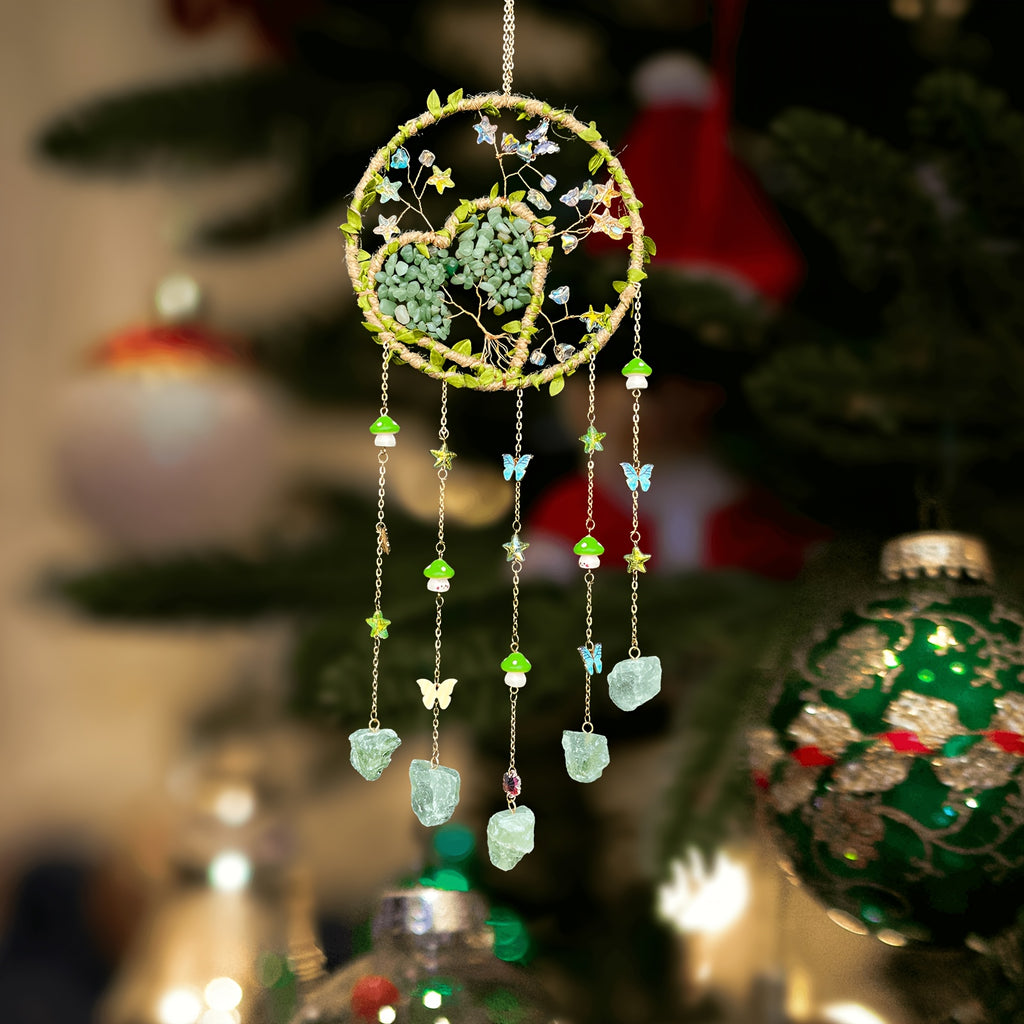 Bohemian Crystal Wall Hanging Decoration – Handmade Stone Beads, Colorful Gemstones, Heart & Circular Crystal Pendant Wind Chime – Boho Wall Decor Gift for Christmas, Mother’s Day & Thanksgiving