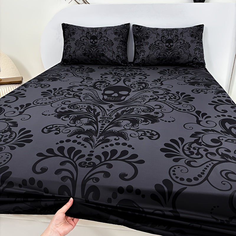 Gothic Skull Fitted Sheet Set 3-Piece – Victorian Baroque Black & Gray Skull Pattern, Deep Pocket 15", Machine Washable Hypoallergenic Bedding, Twin Full Queen King