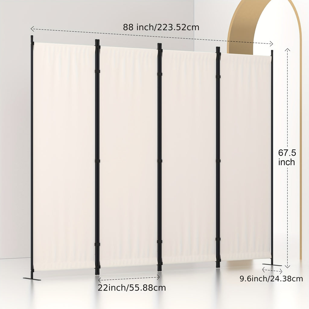 Room Divider 4 Panel Folding Privacy Screen – 67.5" Tall Cream Steel Frame Freestanding Partition for Bedroom Office Living Room