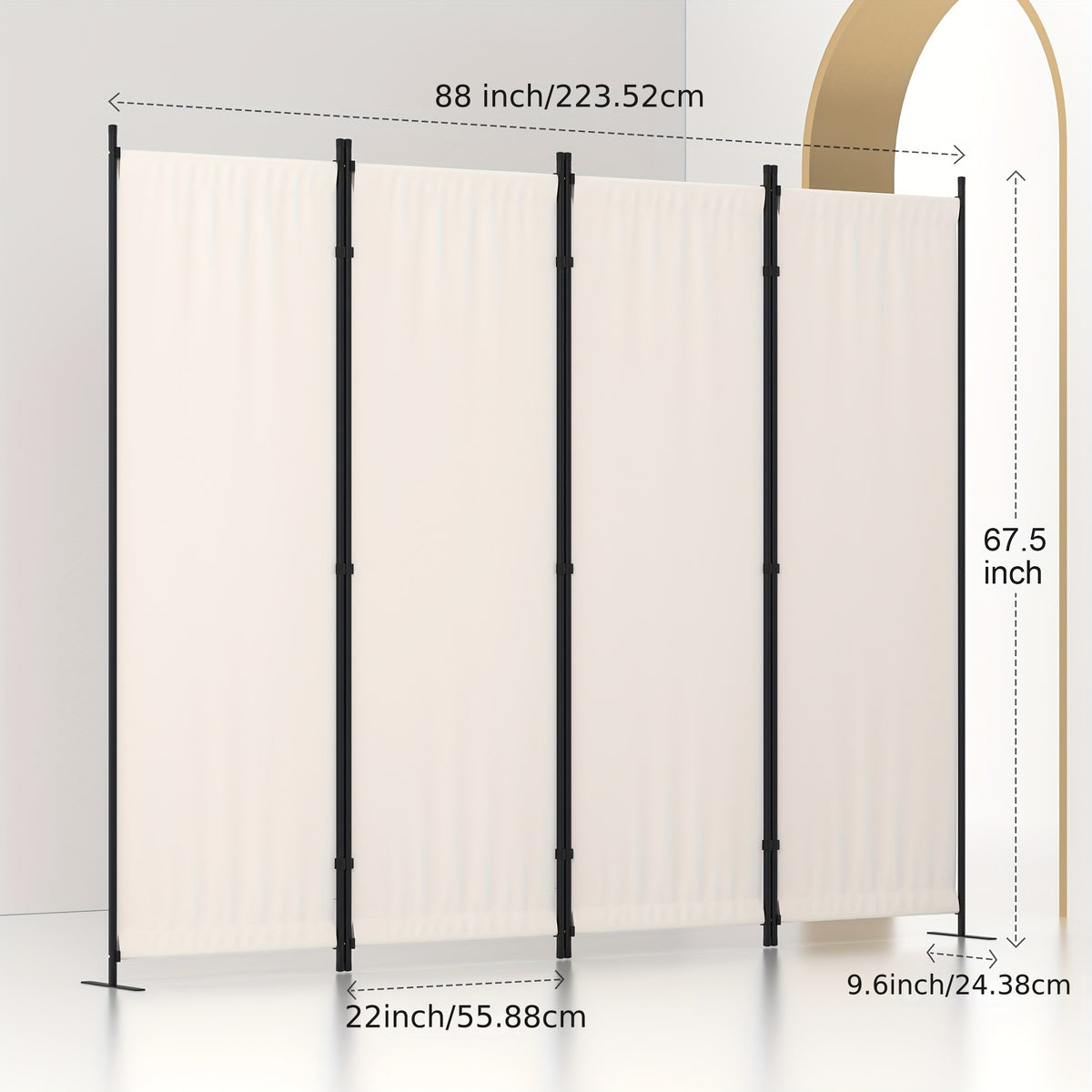 Room Divider 4 Panel Folding Privacy Screen – 67.5" Tall Cream Steel Frame Freestanding Partition for Bedroom Office Living Room