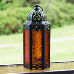 Moroccan Candle Lantern Holder Medium 10.5 Inch – Handcrafted Glass Iron Metal Lantern with Embossed Floral Panels, 17 Colors, Indoor Outdoor Use for Ramadan, Wedding, Patio, Diwali & Home Decor