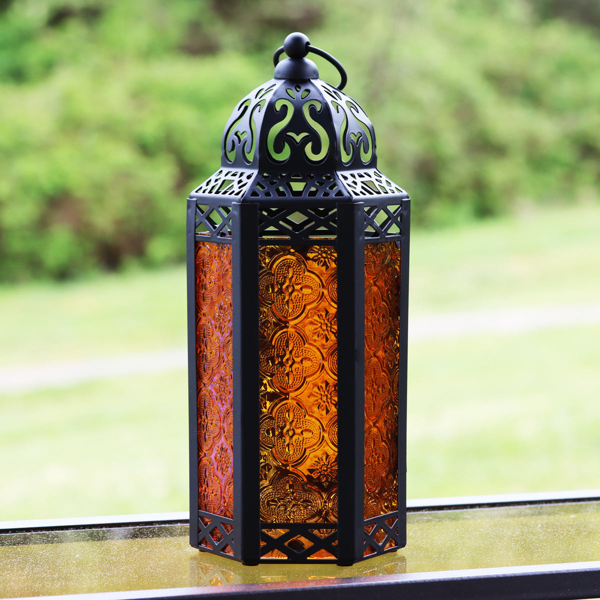 Moroccan Candle Lantern Holder Medium 10.5 Inch – Handcrafted Glass Iron Metal Lantern with Embossed Floral Panels, 17 Colors, Indoor Outdoor Use for Ramadan, Wedding, Patio, Diwali & Home Decor