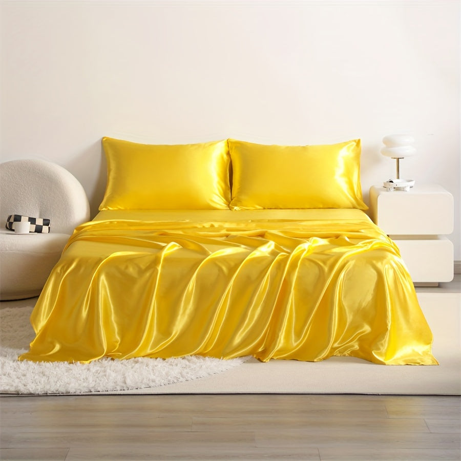 Cooling Satin Bed Sheet Set 4-Piece – Hypoallergenic Breathable Deep Pocket Flat & Fitted Sheet with Pillowcases, 300 GSM, 15 Colors, Twin to Cal King
