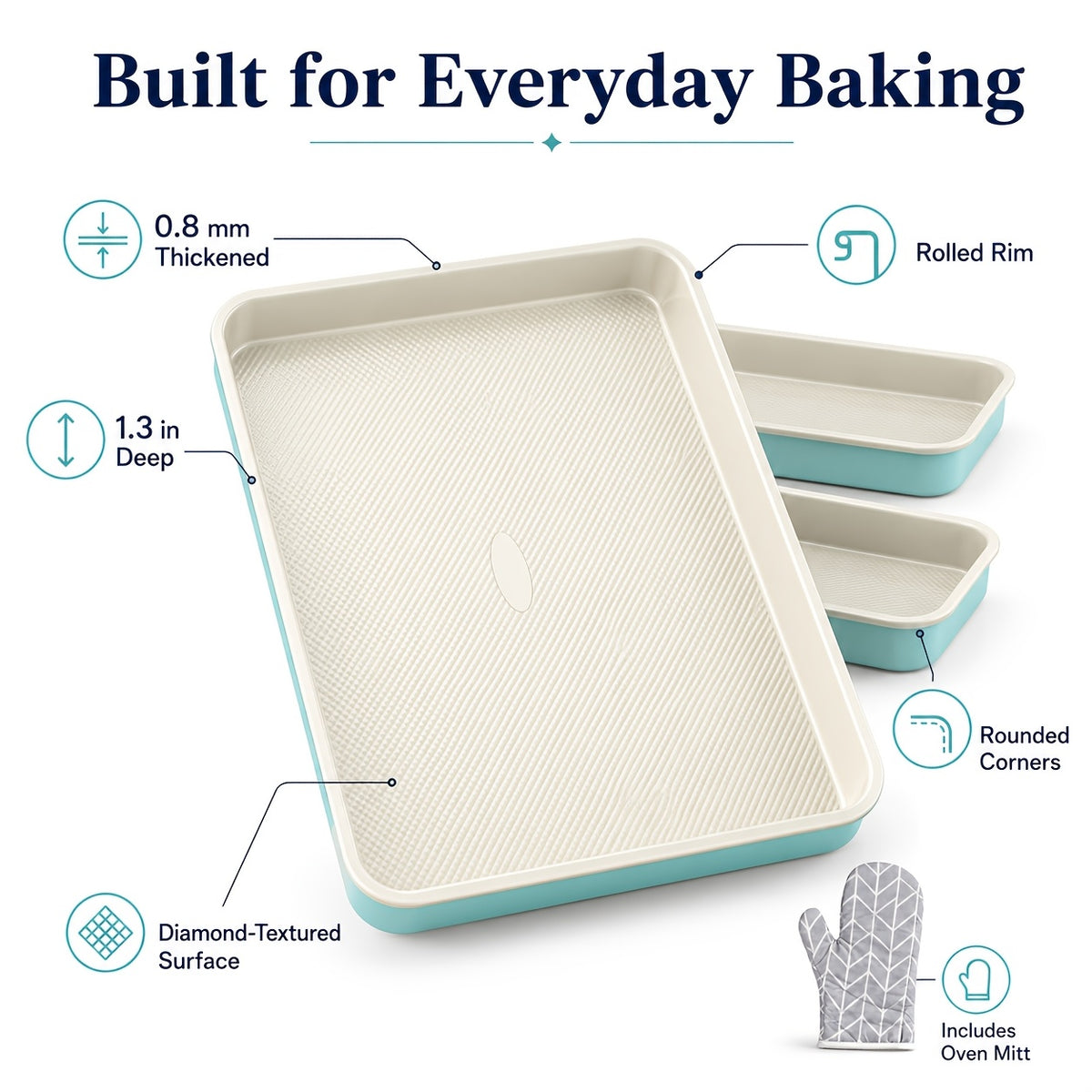 Baking Sheet Pan Set of 3 Heavy Duty Cookie Sheets - Diamond Texture Commercial Grade Steel 13/15/18 Inch, 0.8mm Thick Oven Pans for Baking Cookies, Roasting, Sheet Cake, with Oven Gloves Option