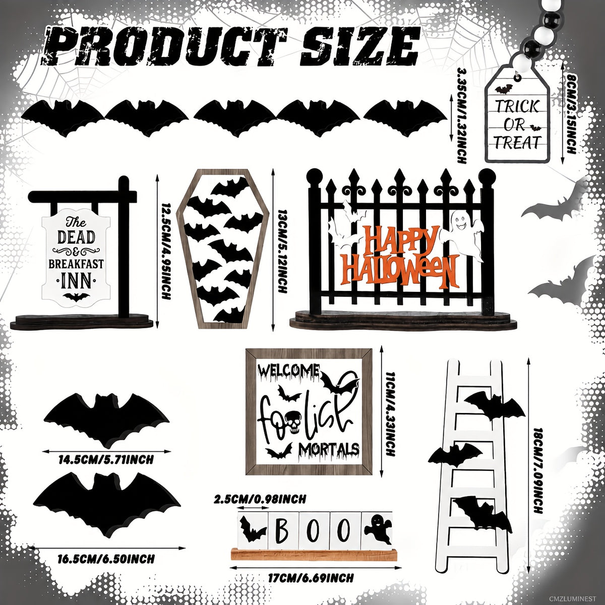 14-Piece Halloween Tiered Tray Decoration Set – Farmhouse Rustic Black & White Bat Wooden Signs for Table Kitchen Den Halloween Party