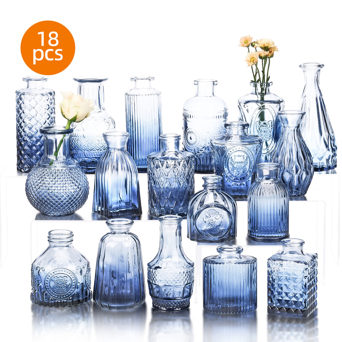 Blue Bud Vases Set of 18 Vintage Glass Flower Vases Small Centerpiece Vases for Home Table Decor Rustic Farmhouse Wedding Decorations Halloween Christmas Windowsill Dining Table Gift Floral Vase Set