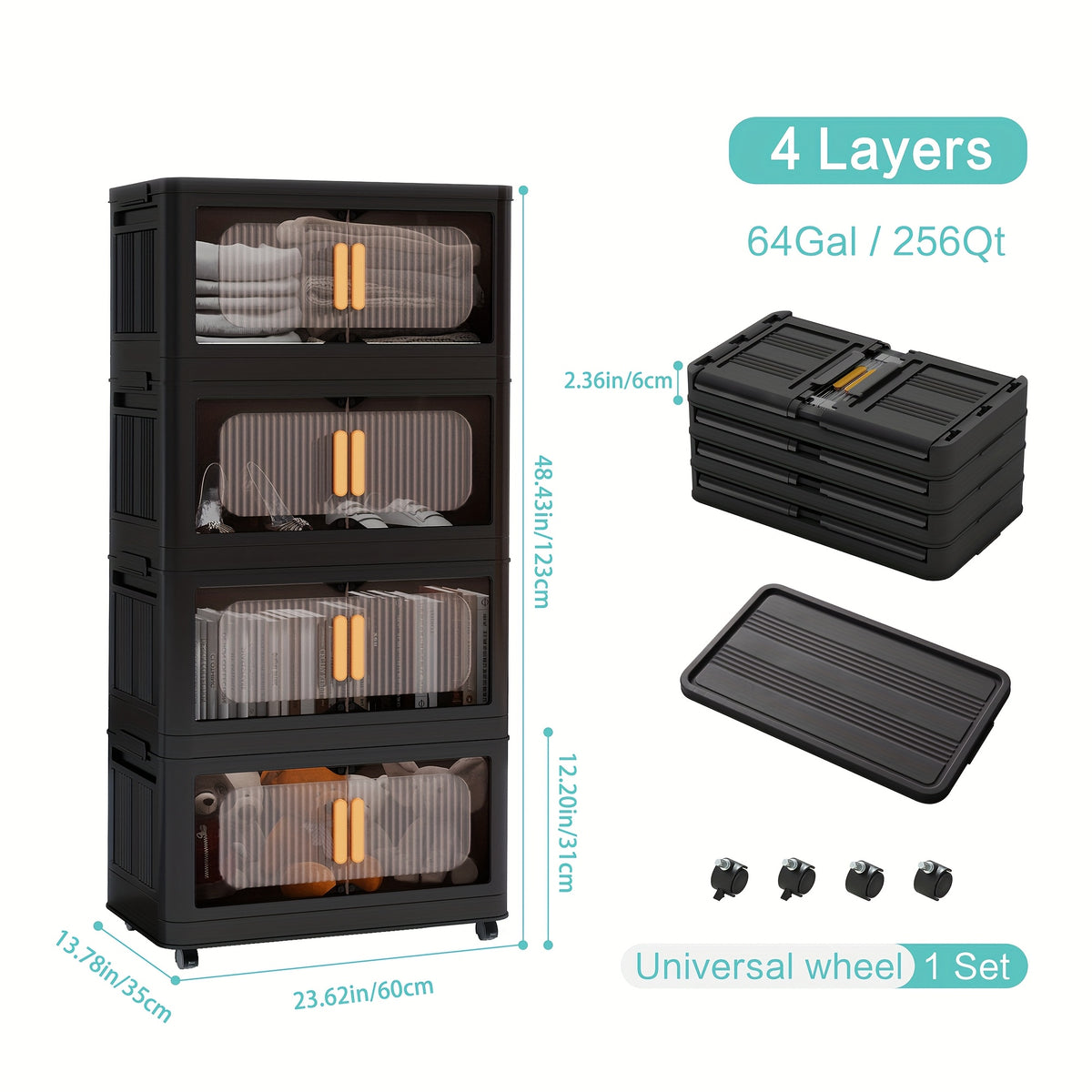 Collapsible Storage Locker with Locking Wheels – 4/5 Tier Double Door Plastic Bin Organizer, Stackable Space-Saving Storage Cabinet for Closet, Dorm, Office, Garage, Bedroom & Gym