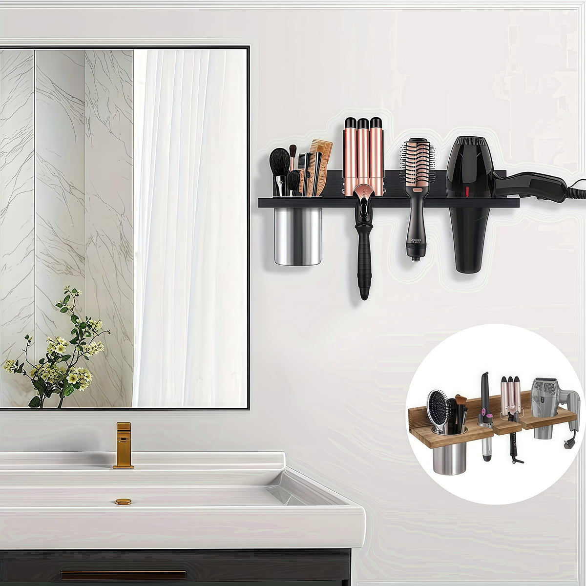 Wall Mounted Wooden Hair Tool Organizer – Multi-Functional Storage Rack for Hair Dryer, Curling Iron, Straightener & Brushes, Rustic Bathroom & Salon Organizer, Brown or Black