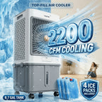 2200 CFM Portable Evaporative Air Cooler – Top-Fill Swamp Cooler with 8.7 Gal Tank, 120° Swing, 3 Speeds, 1/2/4H Timer, 35dB Quiet & 4 Ice Packs | Bedroom, Office, Patio, Kitchen