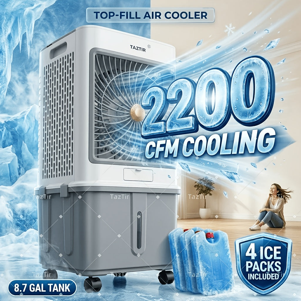 2200 CFM Portable Evaporative Air Cooler – Top-Fill Swamp Cooler with 8.7 Gal Tank, 120° Swing, 3 Speeds, 1/2/4H Timer, 35dB Quiet & 4 Ice Packs | Bedroom, Office, Patio, Kitchen