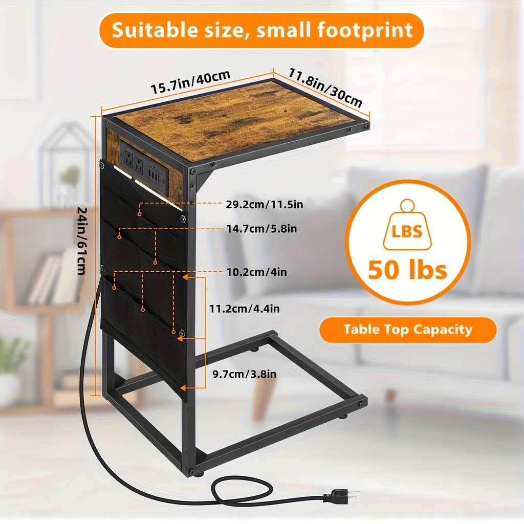 C-Shaped End Table with Charging Station – Sofa Side Table, 50LBS Capacity, Slides Under Sofa, Snack & Laptop Table for Living Room Bedroom (1pc/2pcs, w/wo Storage Bag)
