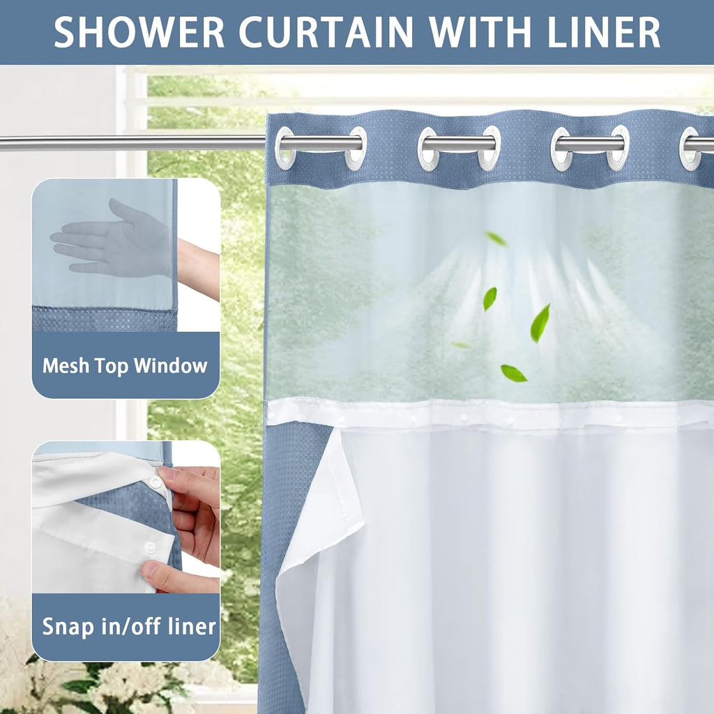 Hookless Waffle Shower Curtain Liner Set with Snap-In Liner Double Layer Window Panel – 6ft x 74.8 Inch Easy-Clean Polyester Bathroom Curtain for Home & Hotel