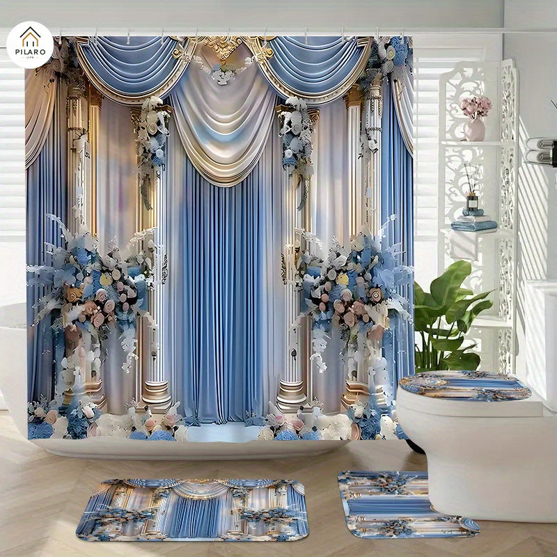 4-Piece Vintage Shower Curtain Set with Hooks, Non-Slip Floor Mat, Toilet U-Mat & Lid Cover — Waterproof Odor-Free Decorative Bathroom Ensemble, Ideal Gift