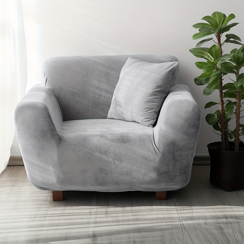 Velvet Stretch Sofa Cover Slipcover – Thick High-Elasticity Plush Couch Cover for L-Shape 1 2 3 4 Seater, Polyester Spandex Furniture Protector with Pillowcase for Living Room