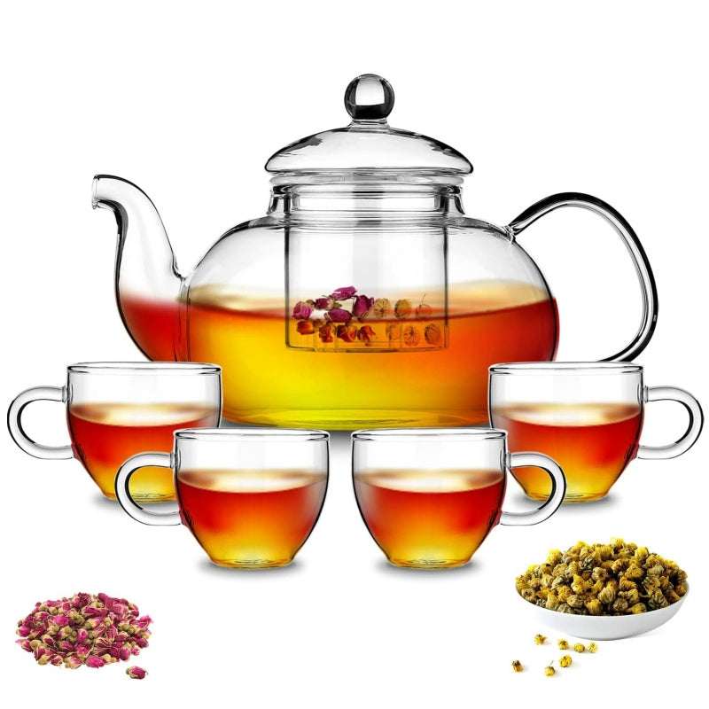 1000ml Borosilicate Glass Teapot with Removable Infuser – Gooseneck Loose Leaf Tea Pot, Microwave & Stovetop Safe, Gift Box Included (Teapot Only or Set with 4 Cups)