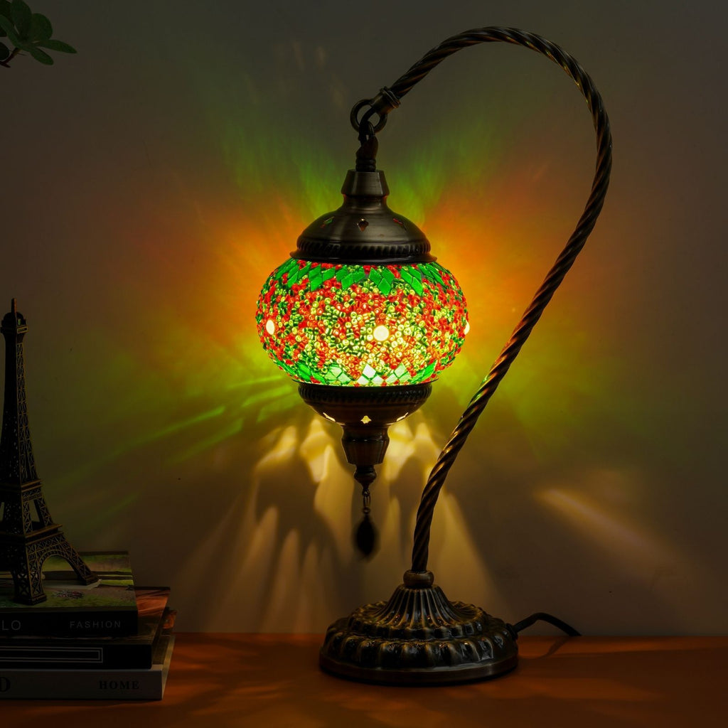 Turkish Mosaic Table Lamp Moroccan Style Handmade Swan Neck Mosaic Glass Bedside Lamp with Metal Base - 3 Color Modes Dimmable LED Bulb Included - Bedroom Living Room Decor Gift
