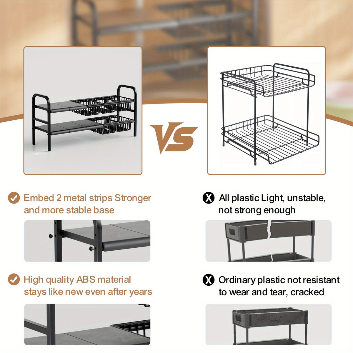 Under Sink Organizer 2 Tier Expandable Cabinet Shelf with 5 Removable Panels 5 Baskets Adjustable Kitchen Bathroom Under Sink Storage Rack Black Space-Saving Cabinet Organizer